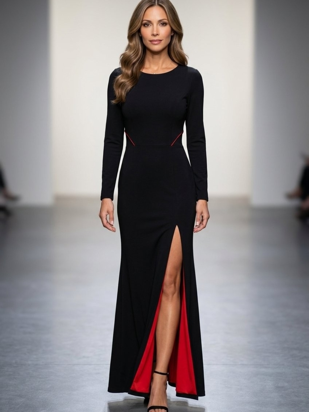 Xscape Black Long-Sleeve Gown with Red Accent